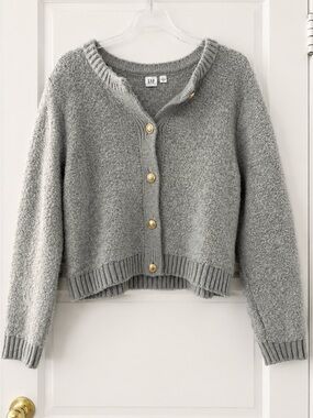 GAP Gray Bouclé Knit Cardigan with Gold Buttons Size L